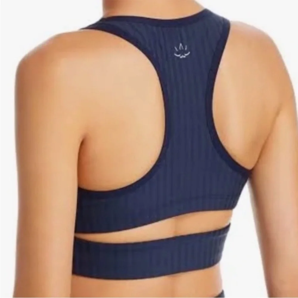 Like New Beyond Yoga Work It Over Long Line Sports Bra Navy Stripe XL Retail $70